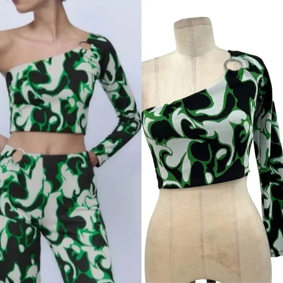Zara‎ Jacquard Asymmetric One Shoulder Crop Top Ring Detail Black Green Small - Picture 1 of 9